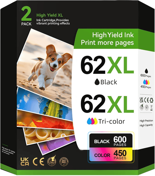 62XL Ink Cartridges for HP 62 62XL Ink Cartridge Work with HP Envy 5540 5640 5660 7640 7645 OfficeJet 5740 5745 8040 Printer (1 Black, 1 Tri-Color, 2-Pack)